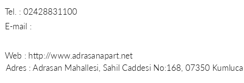 Adrasan Apart Parlak Apart Evleri telefon numaralar, faks, e-mail, posta adresi ve iletiim bilgileri