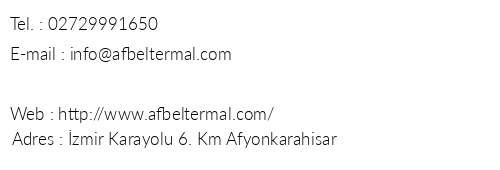 Afbel Termal & Spa Otel telefon numaralar, faks, e-mail, posta adresi ve iletiim bilgileri