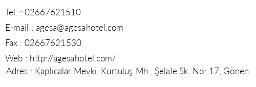 Agesa Otel telefon numaralar, faks, e-mail, posta adresi ve iletiim bilgileri