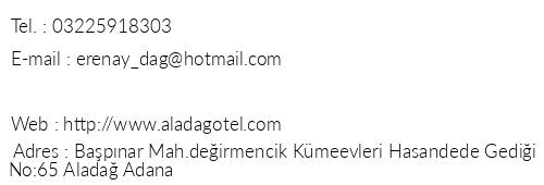 Alada Da Otel telefon numaralar, faks, e-mail, posta adresi ve iletiim bilgileri