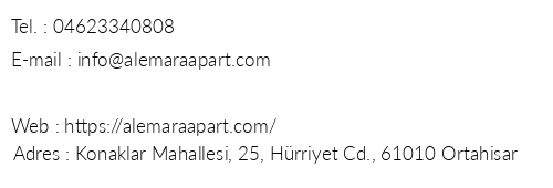 Alemara Apart telefon numaralar, faks, e-mail, posta adresi ve iletiim bilgileri