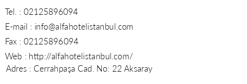Alfa Hotel stanbul telefon numaralar, faks, e-mail, posta adresi ve iletiim bilgileri