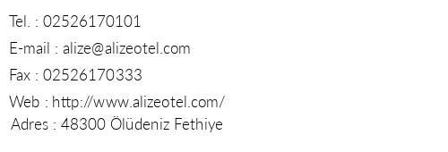 Alize Otel telefon numaralar, faks, e-mail, posta adresi ve iletiim bilgileri
