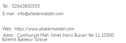 Allia Thermal & Spa Otel telefon numaralar, faks, e-mail, posta adresi ve iletiim bilgileri