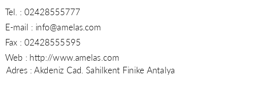 Amelas Hotel telefon numaralar, faks, e-mail, posta adresi ve iletiim bilgileri