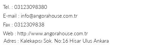 Angora House Hotel telefon numaralar, faks, e-mail, posta adresi ve iletiim bilgileri