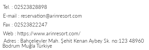 Arin Resort Bodrum telefon numaralar, faks, e-mail, posta adresi ve iletiim bilgileri
