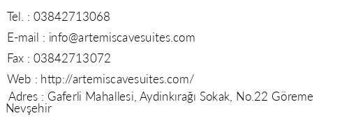 Artemis Cave Suites telefon numaralar, faks, e-mail, posta adresi ve iletiim bilgileri