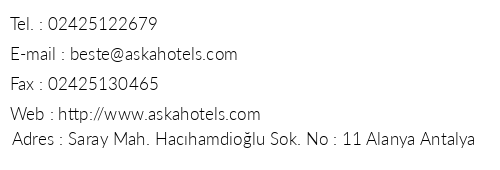Aska Kleopatra Beste Hotel telefon numaralar, faks, e-mail, posta adresi ve iletiim bilgileri