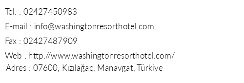 Washington Resort Hotel & Spa telefon numaralar, faks, e-mail, posta adresi ve iletiim bilgileri