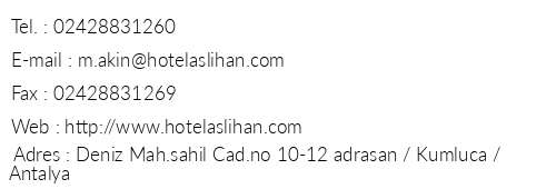 Aslhan Hotel telefon numaralar, faks, e-mail, posta adresi ve iletiim bilgileri