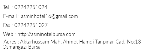 Asmin Otel telefon numaralar, faks, e-mail, posta adresi ve iletiim bilgileri