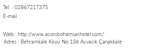 Assos Bohemian Otel telefon numaralar, faks, e-mail, posta adresi ve iletiim bilgileri