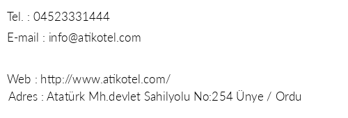 Atik Otel telefon numaralar, faks, e-mail, posta adresi ve iletiim bilgileri