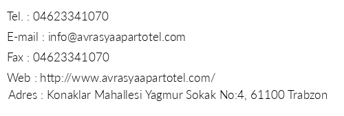 Avrasya Apart Otel telefon numaralar, faks, e-mail, posta adresi ve iletiim bilgileri