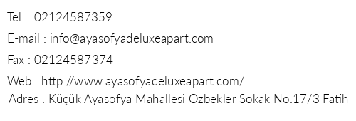 Ayasofya Deluxe Apart telefon numaralar, faks, e-mail, posta adresi ve iletiim bilgileri