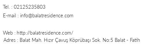 Balat Residence telefon numaralar, faks, e-mail, posta adresi ve iletiim bilgileri