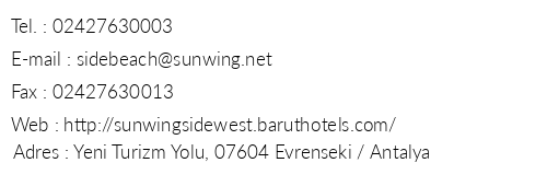 Sunwing Side West Beach telefon numaralar, faks, e-mail, posta adresi ve iletiim bilgileri