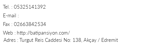 Bat Pansiyon telefon numaralar, faks, e-mail, posta adresi ve iletiim bilgileri
