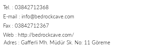 Bedrock Cave Hotel telefon numaralar, faks, e-mail, posta adresi ve iletiim bilgileri