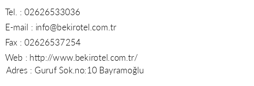 Bekir Hotel telefon numaralar, faks, e-mail, posta adresi ve iletiim bilgileri