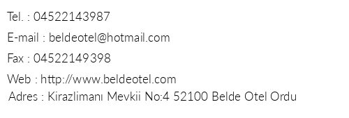 Belde Otel telefon numaralar, faks, e-mail, posta adresi ve iletiim bilgileri