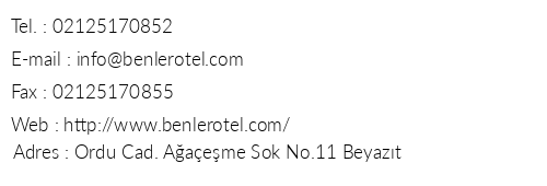 Benler Hotel telefon numaralar, faks, e-mail, posta adresi ve iletiim bilgileri