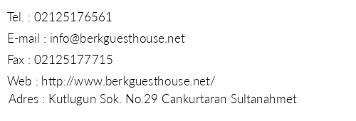 Berk Guesthouse Hotel telefon numaralar, faks, e-mail, posta adresi ve iletiim bilgileri