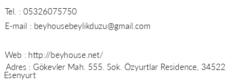 Bey House telefon numaralar, faks, e-mail, posta adresi ve iletiim bilgileri