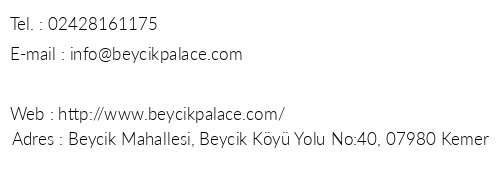 Beycik Palace Hotel telefon numaralar, faks, e-mail, posta adresi ve iletiim bilgileri