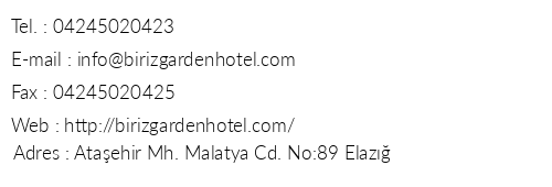 Biriz Garden Hotel telefon numaralar, faks, e-mail, posta adresi ve iletiim bilgileri