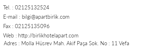 Birlik Apart Hotel telefon numaralar, faks, e-mail, posta adresi ve iletiim bilgileri