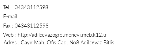 Bitlis Adilcevaz retmenevi telefon numaralar, faks, e-mail, posta adresi ve iletiim bilgileri