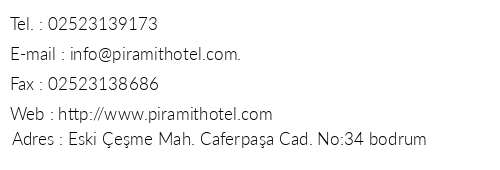 Bodrum Piramit Otel telefon numaralar, faks, e-mail, posta adresi ve iletiim bilgileri