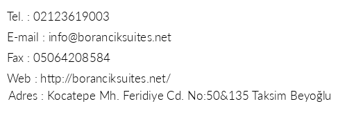 Boranck Suites telefon numaralar, faks, e-mail, posta adresi ve iletiim bilgileri
