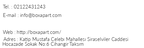 Box Apart telefon numaralar, faks, e-mail, posta adresi ve iletiim bilgileri