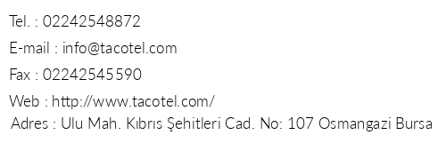 Bursa Ta Otel telefon numaralar, faks, e-mail, posta adresi ve iletiim bilgileri