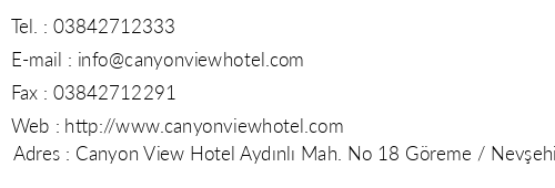 Canyon View Hotel telefon numaralar, faks, e-mail, posta adresi ve iletiim bilgileri