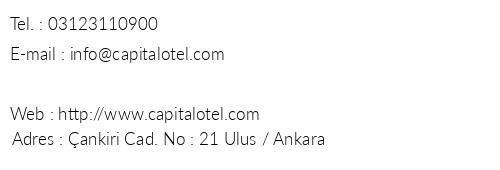 Capital Otel telefon numaralar, faks, e-mail, posta adresi ve iletiim bilgileri
