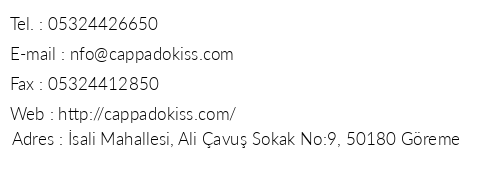 Cappadokiss Cave House telefon numaralar, faks, e-mail, posta adresi ve iletiim bilgileri