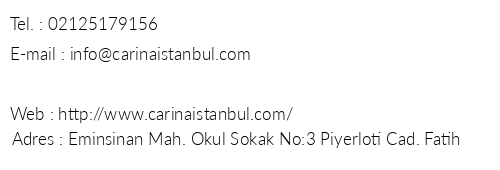 Carina Hotel stanbul telefon numaralar, faks, e-mail, posta adresi ve iletiim bilgileri