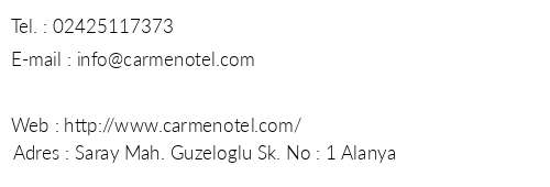 Carmen Otel telefon numaralar, faks, e-mail, posta adresi ve iletiim bilgileri