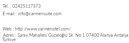 Carmen Otel Suite telefon numaralar, faks, e-mail, posta adresi ve iletiim bilgileri