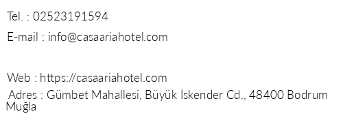 Casa Aria Hotel telefon numaralar, faks, e-mail, posta adresi ve iletiim bilgileri