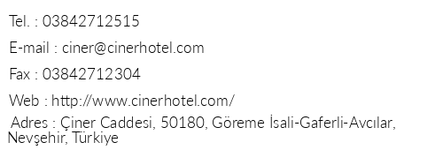 Ciner Hotel telefon numaralar, faks, e-mail, posta adresi ve iletiim bilgileri