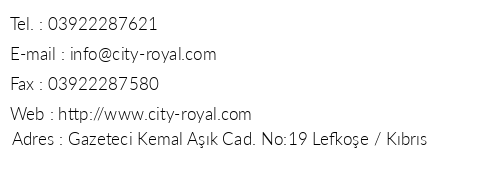 City Royal Hotel telefon numaralar, faks, e-mail, posta adresi ve iletiim bilgileri