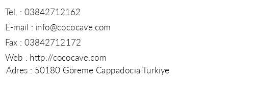 Coco Cave Hotel telefon numaralar, faks, e-mail, posta adresi ve iletiim bilgileri