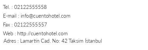 Cuento Hotel telefon numaralar, faks, e-mail, posta adresi ve iletiim bilgileri