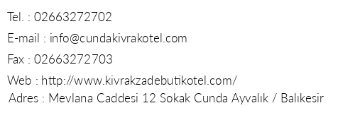 Kvrak Zade Butik Otel telefon numaralar, faks, e-mail, posta adresi ve iletiim bilgileri