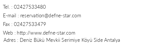 Defne Star Hotel telefon numaralar, faks, e-mail, posta adresi ve iletiim bilgileri